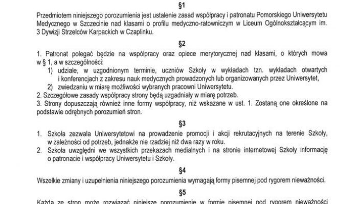 POROZUMIENIE O WSPÓŁPRACY Z UNIWERSYTETEM MEDYCZNYM W SZCZECINIE